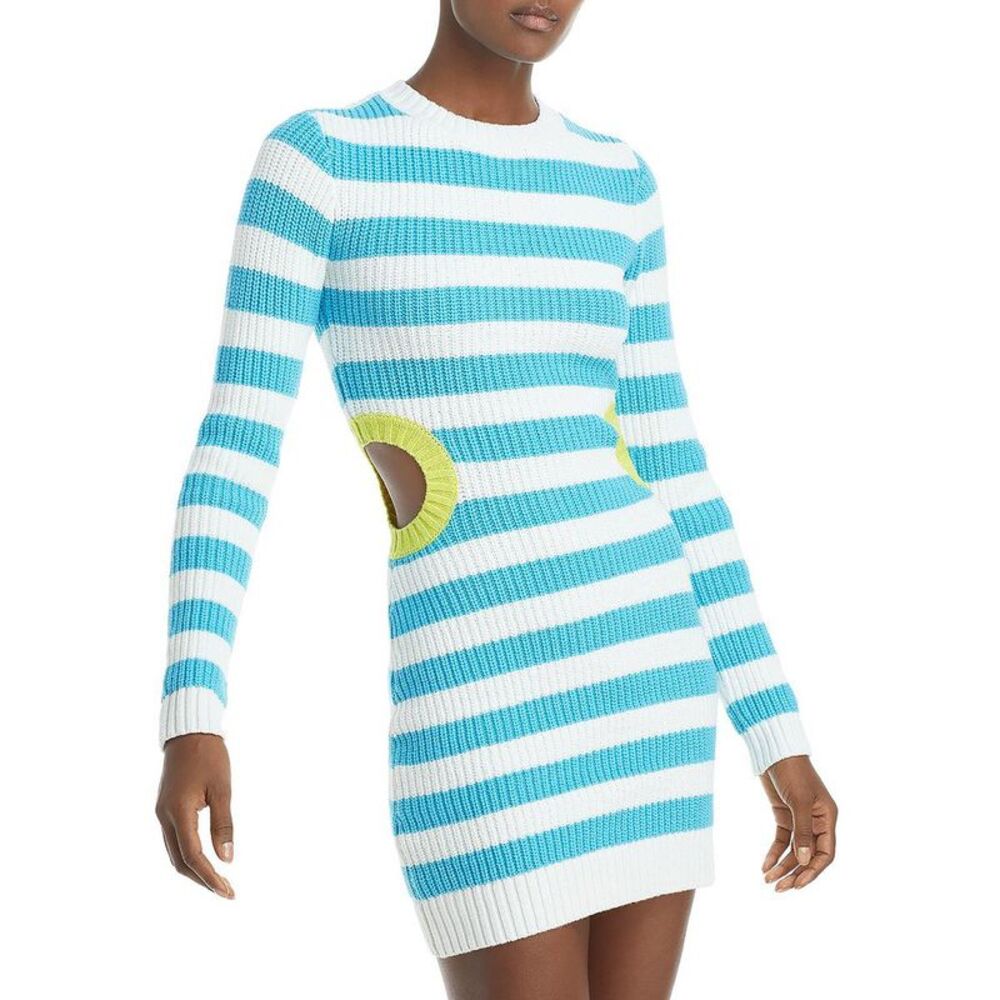 STAUD Womens Blue Cut-Out Mini Ribbed Knit Sweaterdress NWT